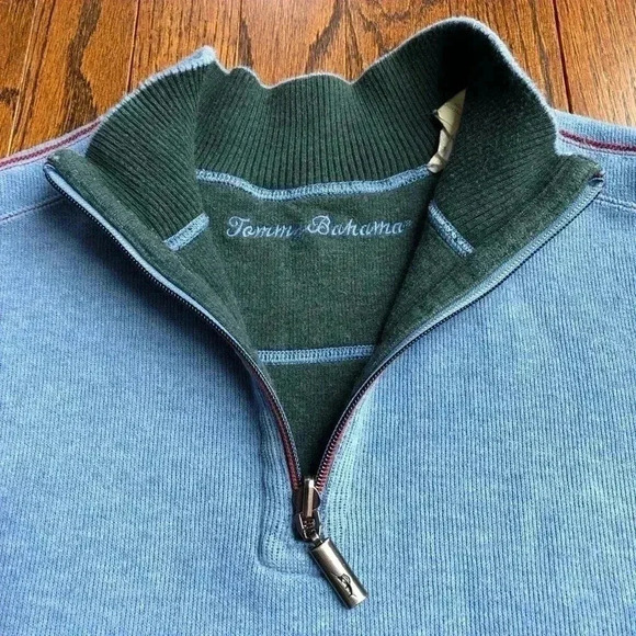 Tommy Bahama Men’s L Heathered Blue 1/4 Zip 100% Cotton Pullover Sweater - Picture 4 of 9